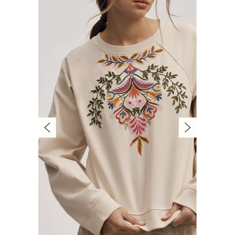 Anthropologie Embroidered Short Sleeve Sweatshirt Tan Crew Neck Women's Size S - Picture 3 of 8